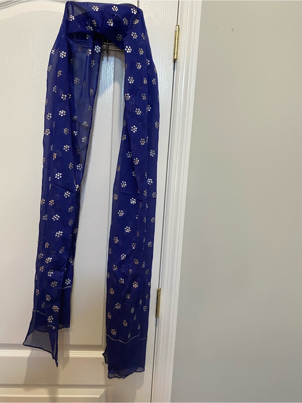 Elegant Blue Floral Sheer Scarf with Metallic Accents